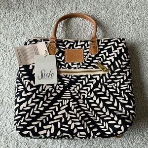 Sseko Black & Cream Patterned Tote with Tan Leather Trim